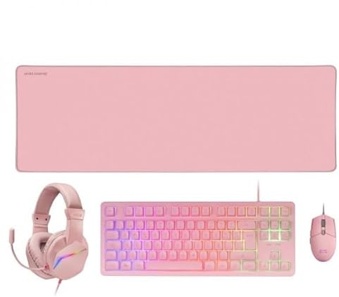 Combo Gaming 4 en 1 - Teclado TKL mecánico con retroiluminación, ratón RGB de 3200 dpi, Auriculares con luz y Alfombrilla XXL Antideslizante.