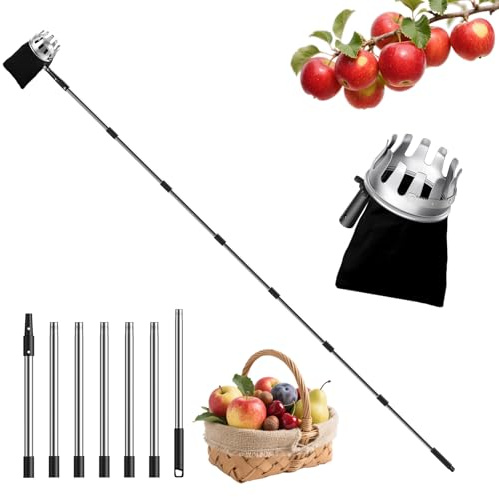 FLORA GUARD Cueilleur de Fruits 2,9 m – Sac récolte Ø 13 cm avec Lame INOX, 7 pièces – cueillette Rapide de Cerises & Pommes sans échelle
