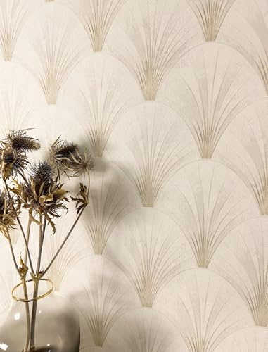 Newroom Vliestapete Creme Geometrische Muster Tapete Wohnzimmer | Art-Déco-Fächermuster, dezente 3D-Schattierung, leichter Glanz, Mustertapete, Wandtapete Schlafzimmer Flur