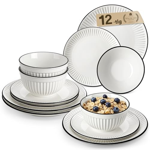 MALACASA 12-Piece Embossed Porcelain Dinner Set for 4, Includes Dinner Plates & Soup Bowls, Chip and Scratch Resistant, Microwave and Dishwasher Safe, Elegant White with Black Rim, Series Leila