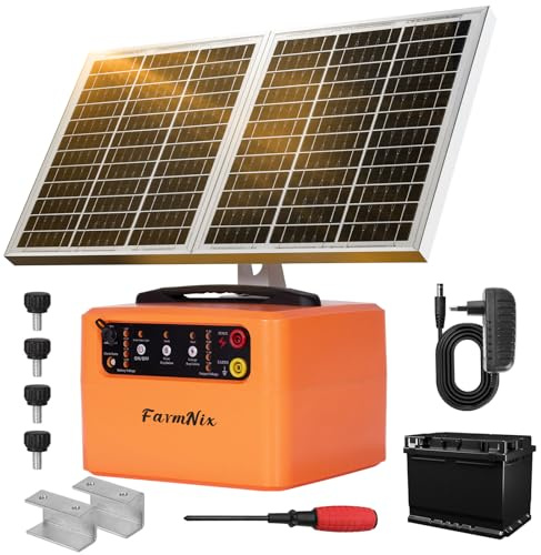 48 KM Elettrificatore per Recinto Elettrico Solare, 0,3 J–1,5 J, 6 KV–12 KV Recinto Elettrico per Animali da 15 W, con Batteria al Piombo da 12 V 7 Ah Integrata, Adatto per Bovini, Fattorie e Giardini