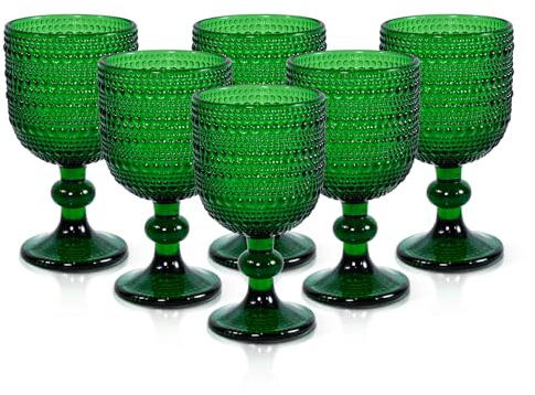 CHLJAR Juego de 6 copas de vino verde cristiano, vintage, 350 ml, 6 unidades, cristal con estampado en relieve, apto para lavavajillas, rosa, ámbar