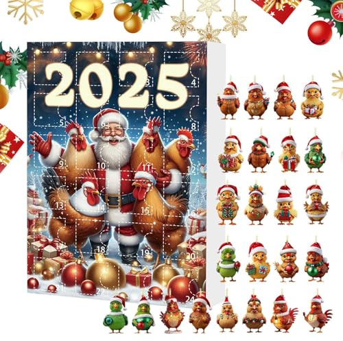 Ornement de Noël de l'Avent 2D en acrylique - Pendentif à suspendre - Compte à rebours de 24 jours - Calendrier 2025 - Charm animal - Décoration pour sapin de Noël - Voiture - Miroir intérieur