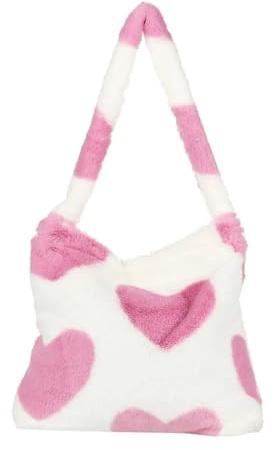 WSQHAO Mini axelväskor för kvinnor vinter plysch underarm fluffig tygväska små plånböcker puffig väska för kvinnor, Rosa hjärta, En storlek