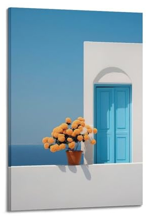 Landscape Travel Beautiful Greece Santorini Blue Door Flower Decorative Painting Canvas Wall Posters And Modern Family Bedroom Decor 16x24inch(40x60cm)