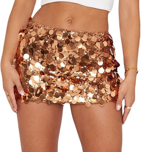 MUNSKT Sequin Skirt Women,Stretchy Bodycon Sequin Mini Skirt,Wrapped Glitter Dress for Out Party Club Date (UK, Waist, S, Regular, Regular, Gold)