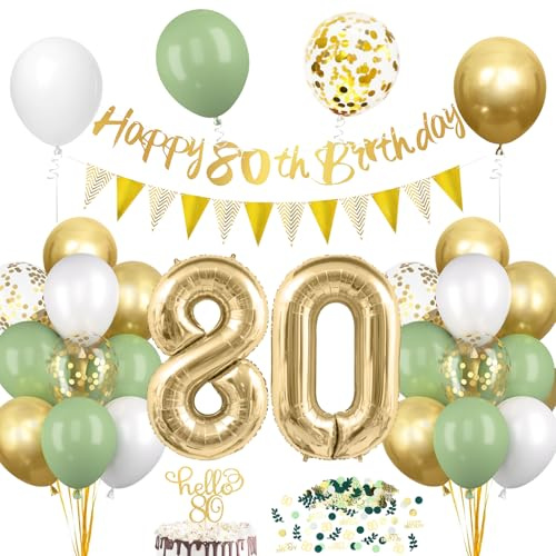 80. Geburtstagsdeko Salbeigrüne, Deko 80 Geburtstags Frau Mann, 80er Geburtstag Luftballon mit Girlande, Geburtstags Tortendeko Grün Gold, 80 Jahre Frau Geburtstag Avocado Grüne Party Ballon