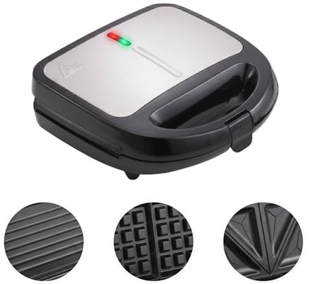 URBNLIVING 3 in 1 Sandwich Maker 850W Waffle Maker & Panini Grill with Interchangeable Non-Stick Plates Silver Black