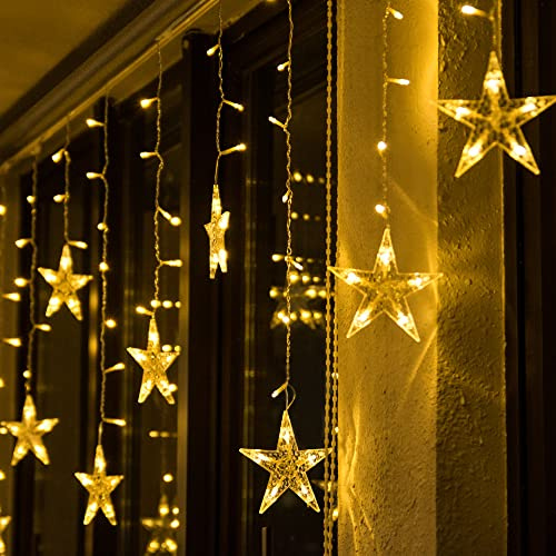 BLOOMWIN Lichtervorhang Stern Lichterkettenvorhang USB 8Modi Stimmungslichter Weihnachtsbeleuchtung für Fenster Tür Innen Sternenvorhang Warmweiß