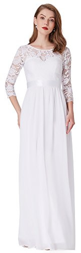 Ever-Pretty Vestido de Novia Encaje Gasa Cuello Redondo Manga 3/4 Corte Imperio A-línea para Mujer Blanco 40