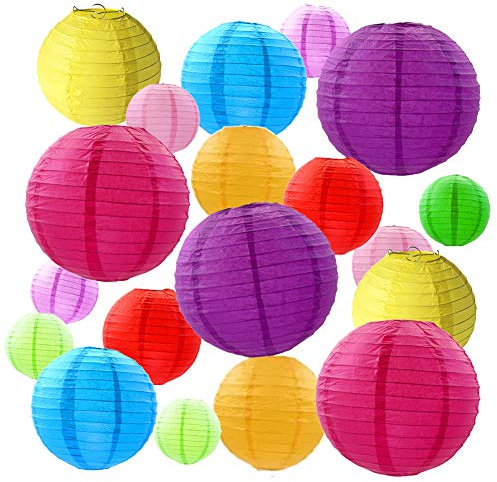 FOVERN1 20 Pieces Colorful Paper Lanterns,Round Lantern Balloon Hanging Decorations,Lanterns for Home Decor, Parties, and Weddings, Size of 4”, 6”, 8”, 10”