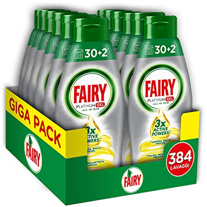 Fairy Platinum Spülmaschinen-Gel, 384 Zyklen, 12 Packungen x 32 Stück, Zitrone, Maxi-Format, 100% Auflösung, mit integriertem Vorwaschsystem, effektiv bei umweltfreundlichen Zyklen