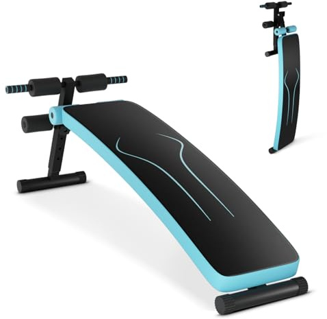 GYMAX Adjustable Sit up Bench, Foldable Abdominal Training Slant Bench, Curved Decline Sip up Bench for Strength Training Workout (Blue)