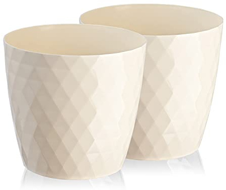 Tymar Blumentopf, 2er-Pack, glänzender, Leichter, dekorativer Pflanzentopf aus Kunststoff, Moderne, Runde Form, für Innenräume,Pflanzkübel (14 cm, Creme) | glänzender, leichter, aus Kunststoff, moderne, Runde Form, für Innenräume, wetterfeste & robuste