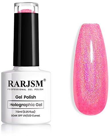 RARJSM Holographic Pink Gel Nail Polish Neon Hot Pink Nail Polishes 7.5ML Gorgeous Glossy Hologram Curing Required Gel Polish Nail Art Manicure Salon DIY at Home