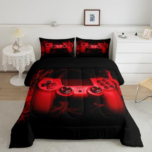Juego de cama para juegos de cama de tamaño king king gamer edredón adolescentes niños videojuego decoración juego de cama infantil 3 piezas consola controlador acolchado juego edredón suave negro
