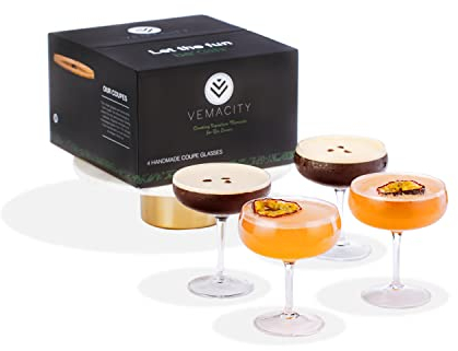 Elegantes copas de cóctel Coupe - Juego de 4 copas de Martini de cristal hechas a mano/Coupe de champán | Copas altas de Martini Pornstar y copas de Martini Espresso. Regalo cóctel.