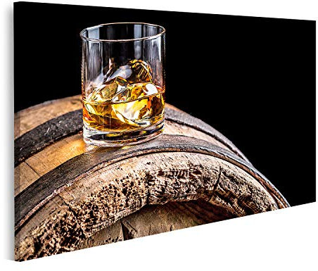 Tableau sur toile Verre whisky glace vieux baril en bois isolé fond noir Impressions Art Poster Mural