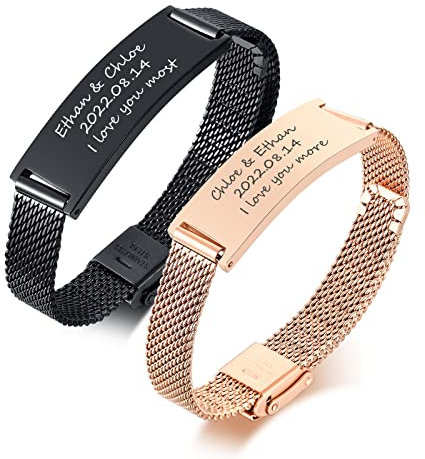 Personalised Couple Bracelets Gifts : Stainless Steel Stylish Black and Rose Gold Mesh Wristband Engraved Love Quote For His Hers Promise Couples Jewellery Valentines Gift for Men Women Lovers