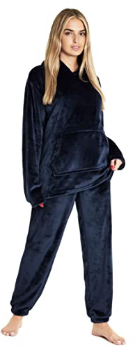 CityComfort Pyjamas Set for Women and Teens Fleece Hooded Long PJs Warm Loungewear Fluffy Nightwear Soft Cosy Sleepwear Gifts for Her (Navy, XL)