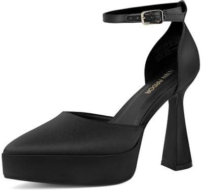 JENN ARDOR Womens High Heels Chunky Block Platform Pumps Pointed Closed Toe Ankle Strap Dressy Sandals for Women Comfortable Sexy Weddings Parties 4.5inch Shoes Black-Satin