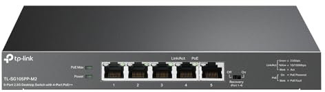 TP-Link TL-SG105PP-M2 | Switch a 5 porte 2,5 Gigabit | Multi-Gigabit | 4 porte PoE++ @123W | Design in metallo senza ventola | Plug & Play | Ripristino automatico PoE | QoS e IGMP