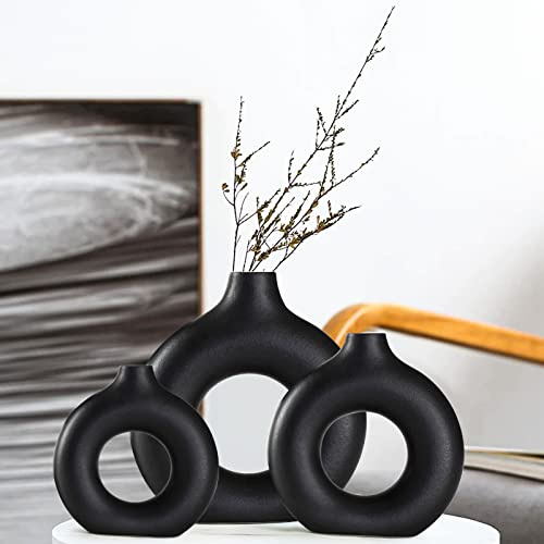 Vasen Deko -Schwarzer Keramik Vase Satz von 3 für Moderne Home Decor, Runde Matte Vasen für Pampasgras,vasen deko Aesthetic Neutral Boho Nordic Minimalismus Stil Blumenvasen……