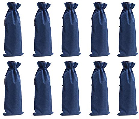 KONMAY 10 Stück Marineblau Weintasche mit Kordelzug, 15x35cm Jute Weinbeutel, Wiederverwendbare Sackleinen Wein-Geschenkbeutel, Weinflaschenbeutel, Weinbeutel für Hochzeit, Party, Blindverkostung