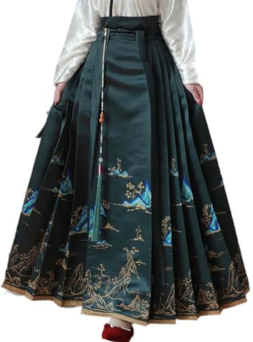 Women's Mamianqun Hanfu Horce Face Skirt Chinese Traditional Costume Pleated Maxi Skirt (Mountains-Green, Height 5'3-5'5)