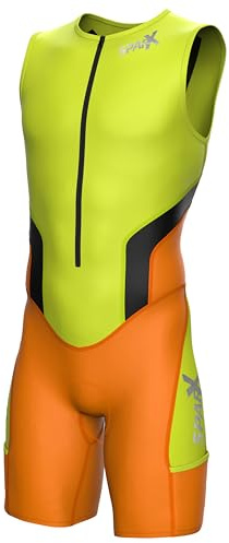 Sparx Men Competitor Triathlon Suit Mens Trisuits | Italian Technical Fabric | Soft Chamois | 4 Pockets | Bike-Swim-Run (Lime/Orange, Large)