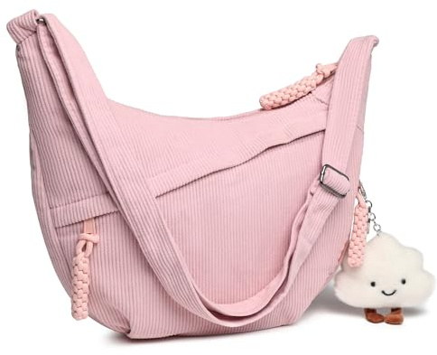 Micmores Crossbody Bag Damen Umhängetasche, Cord Tasche Casual Schultertasche Moon Bag Halbmond Tasche mit verstellbarer Schultergurt, Stylische Handtasche für Arbeit, Reisen, Alltag(Rosa)