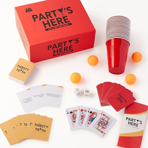 PARTY'S HERE 6-in-1 Adult Party Games Bundle with Beer Pong, Flip Cup, Drinking Dice, Rage Cage, King’s Cup, and Thirsty Truth, Hilarious Couples Night Card Gaming