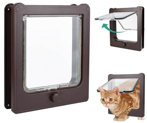 BillionChains Large Cat Door for Interior Door (Outer Size 10.8x9.25) 4-Way Locking Cat Door for Exterior Door Brown Cat Flap Up to 25lb