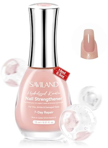 SAVILAND Nail Care Strengthener: 7-Day Repair Air Dry Nude Nail Strengthener for Damaged Nails 15 ml Nail Hardener Extra Strong and Growth VE Castor Nail Growth Oil Nails Repair for Weak Thin Nails