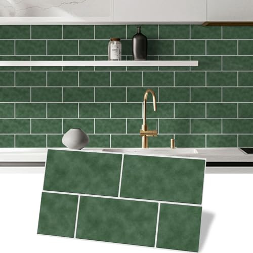 Alwayspon Piastrelle adesive da parete in vinile, impermeabili, per cucina e bagno, 30 x 15 cm, 10 pezzi, colore: verde scuro