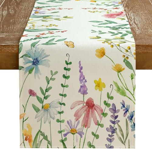 Piante Fiori Runner da Tavolo, Runner Tavola Moderno con Fiori, Runner da Tavola con Fiori, Primaverile Cucina Tavolo Decorazione, 33 x 183 cm (A)