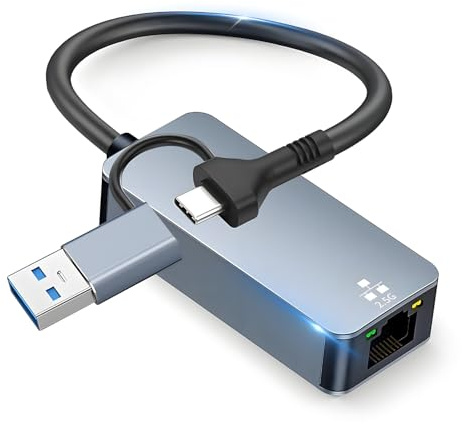 USB to Ethernet Adapter,2.5G USB C 2-in-1 Adapter Compatible with Thunderbolt 3 or USB 3.0, USB-C to RJ45 2.5 Gigabit LAN Ethernet, Compatible with Mac and Windows