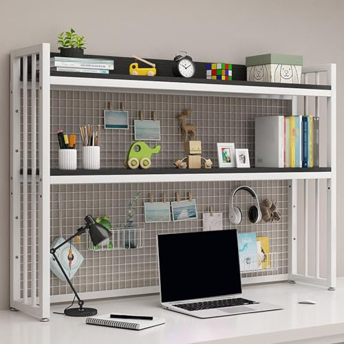 Desktop Bookshelf Organizer with Grid Panel Steel Frame and Wooden Board Stable Load Bearing for Office Home Decor Kitchen White