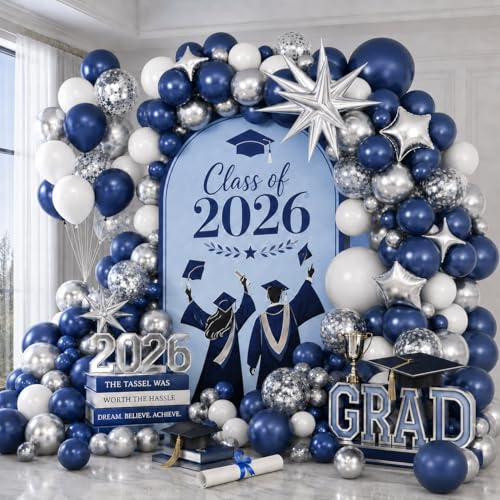Blau Silber Ballon Girlande Bogen Kit, Marineblau Weiß Ballonbogen Kit, Königsblau Metallic Silber Konfetti Ballons Stern Folienballons für Abschlussfeier Geburtstag Hochzeit Babyparty Party