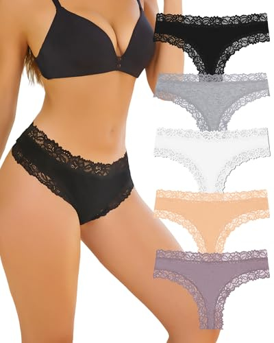 ALL OF SHE Pack De 5 Calzoncillos Algodón para Mujer Braguitas Brasileñas Encaje Sexys Hipster Cheeky Paquete Múltiple-S