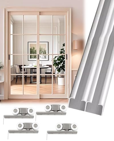 Kit Puerta Corredera Kit de Rieles para Puertas Corredizas de Bolsillo de 2.1m 2.4m 2.7m 3.0m, Kit de Puerta Doble Tipo Granero Plateada de 1,5m y 2m, Riel para Puerta Corrediza de Paso.(3ft/0.9m)