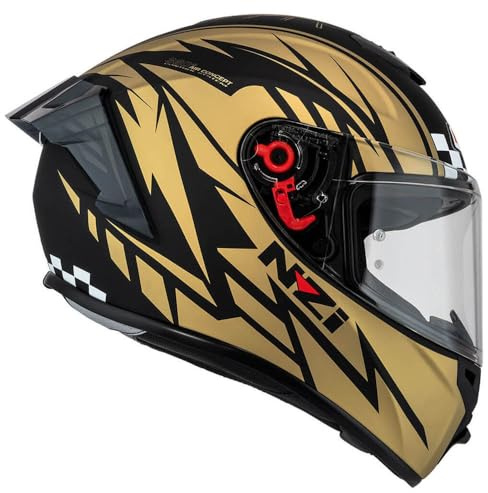 NZI Trendy 3 Stream Flag Negro Dorado Mate - Casco de Moto Integral con Spoiler ECE 22.06 - Unisex Hombre y Mujer (L)