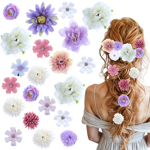 Tyqour 21st Blumen Haarklammer Blumen Haarspange Blume Haarschmuck Lila Flower Hair Clip für Party Hochzeit,Haarklammer Blume Haarspangen Damen mit Hawaiianischen Rosen Haarnadeln für Mädchen Frauen