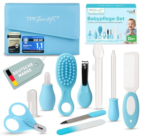 TPF Family Set Cuidado Bebé – en azul – Kit bebe recien nacido con tijeras, aspirador nasal y cepillo – Kit higiene bebepara rutina diaria y básicos de aseo para recién nacidos.