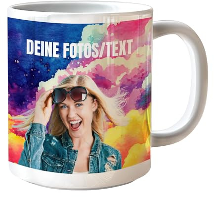 Tasse personalisiert mit eigenem Foto Text oder Firmenlogo – Fototasse selbst gestalten für Papa Mama Freund Familie oder Unternehmen, Party Geschenkidee und Werbegeschenk, 325 ml Keramik Kaffeetasse