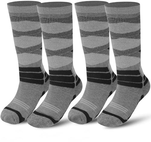 wanchel Calde calze da sci per bambini, 2 paia di calzini da sci in lana merino e cotone, lunghezza al ginocchio, calze termiche da snowboard, per ragazzi, ragazze e bambini, Grigio newstyle, 31-34