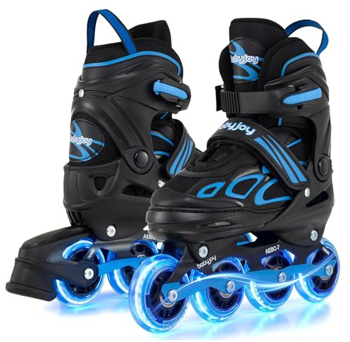 BABY JOY Inline Skates, 4 Sizes Adjustable Kids Roller Blades with Light-up Wheels for 7-9 Boys Girls Youth Children, Illuminating Outdoor Indoor Roller Skates (Navy, Medium)