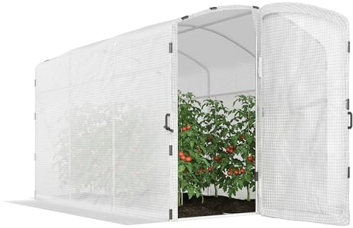 Outsunny Serre Tunnel de Jardin 6m², Serre de Jardin Tunnel 300x200x195cm bâche PE 220g/m², Bords prolongés 50 cm, avec Porte, pour extérieur, Toutes Saisons, légumes, Fruits, Fleurs, Blanc