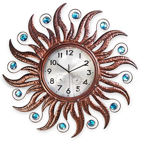 COOZZUHOUR 63,5 cm Metalluhr mit Thermometer und Hygrometer-Kombination, batteriebetriebenes 25,4 cm wasserdichtes Zifferblatt und leises Quarzwerk für Zuhause, dekorative Geschenke (Bronze)
