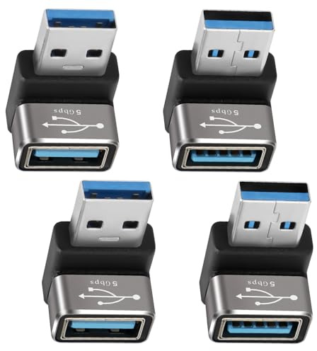 Vinkeladapter för USB 3.0 90 grader, 4 st, 5 Gbps (90 och 270), hane till hona, med snabb laddning och dataöverföring, kompatibel med bärbara datorer, PC, mus, tangentbord